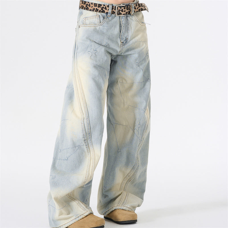 Star Embroidery Wide-Leg Jeans – Vintage Washed Baggy Denim