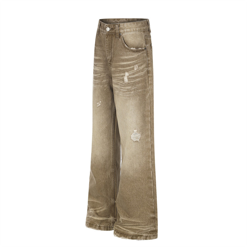 Men's Distressed Wide-Leg Flare Jeans – Vintage Sand-Washed Brown Denim
