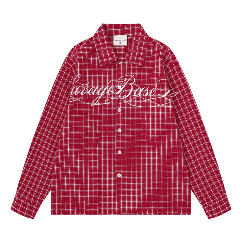 Plaid Long Sleeve Shirt – Savage Base Script Embroidery, Relaxed Fit