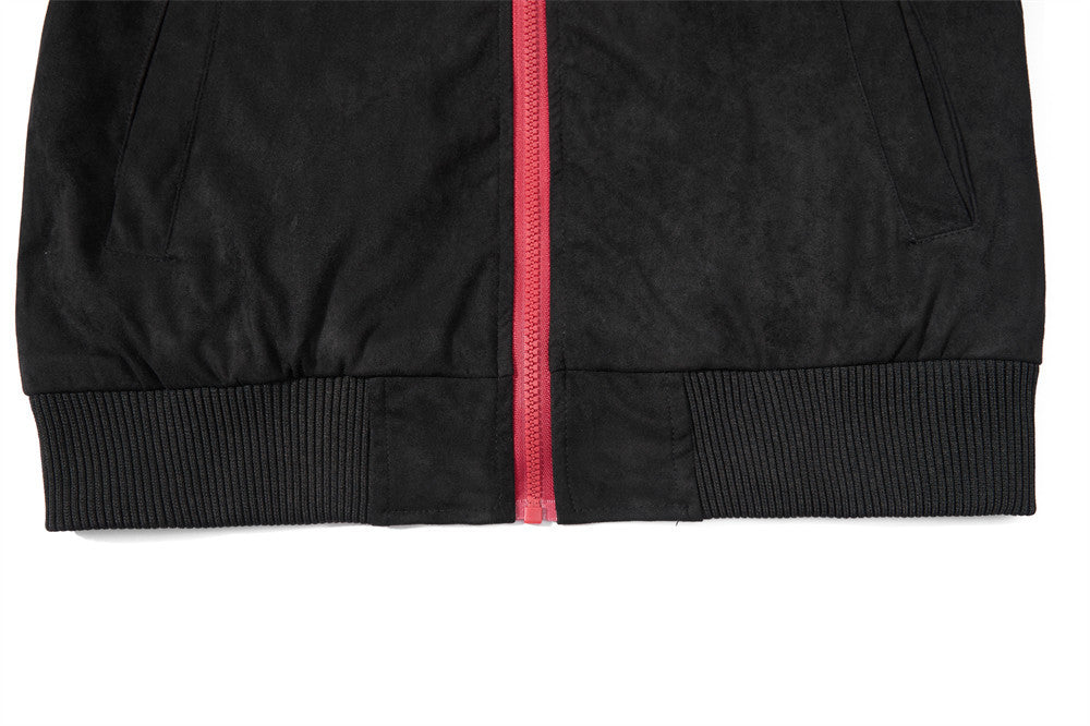 Suede Bomber Jacket Men's Black Embroidered Stand-Collar Track Jacket