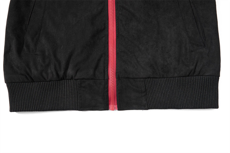 Suede Bomber Jacket Men's Black Embroidered Stand-Collar Track Jacket
