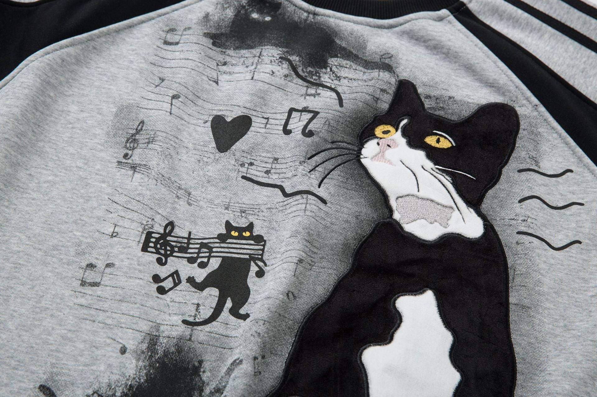 Sweat-shirt motif chat en smoking avec imprimé note de musique et manches raglan color block