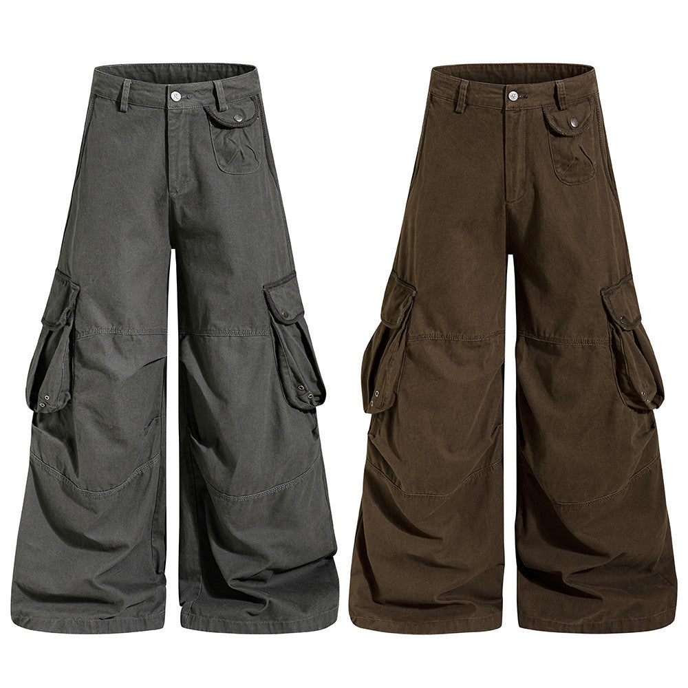 Men's wide-leg multi-pocket cargo pants in washed charcoal grey and coffee brown, A-line baggy fit with snap flap side pocket