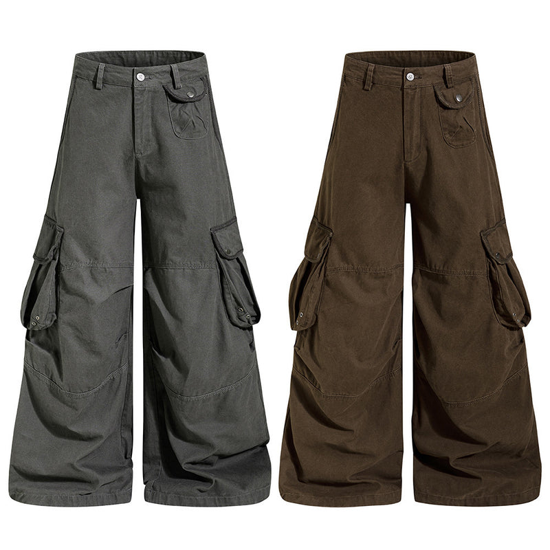 Men's wide-leg multi-pocket cargo pants in washed charcoal grey and coffee brown, A-line baggy fit with snap flap side pocket