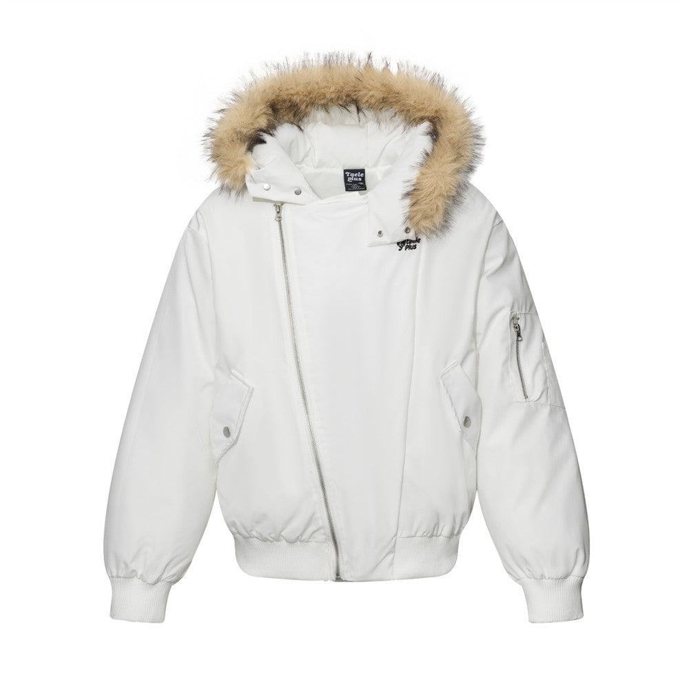 Diagonal Zip Hooded Bomber Jacket with Faux Fur Trim – Oversized Winter Puffer