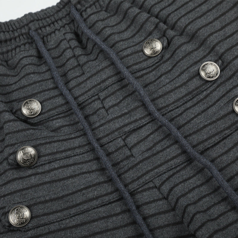 Pantalón de Pierna Ancha a Rayas para Hombre con Cintura de Cordón y Botones Cruzados