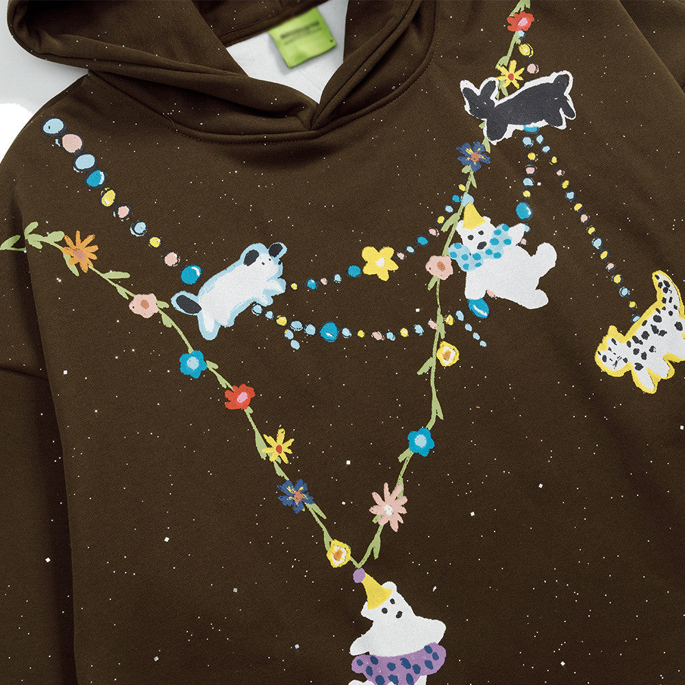 Cartoon Animal Chain Floral Graphic Oversized Hoodie – Inkjet Speckle Print