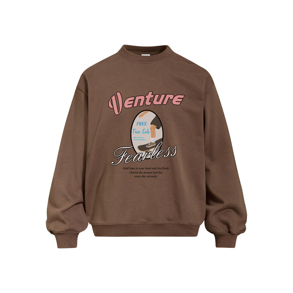 Oversized Venture Fearless graphic crewneck sweatshirt in Coffee Brown with retro script print on chest