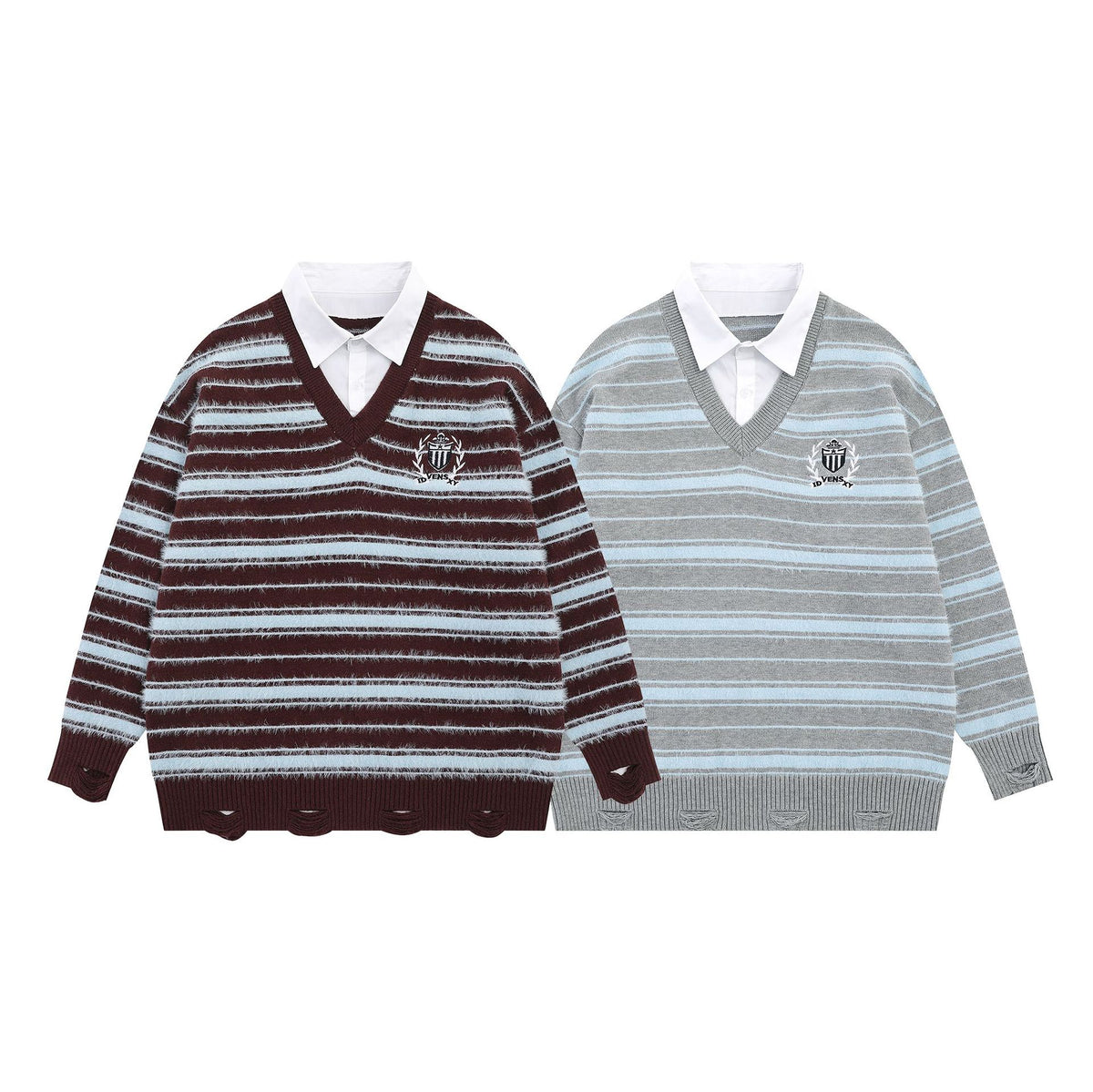 Striped Knit Sweater with Layered Shirt Collar and Tie Detail, Preppy Academy