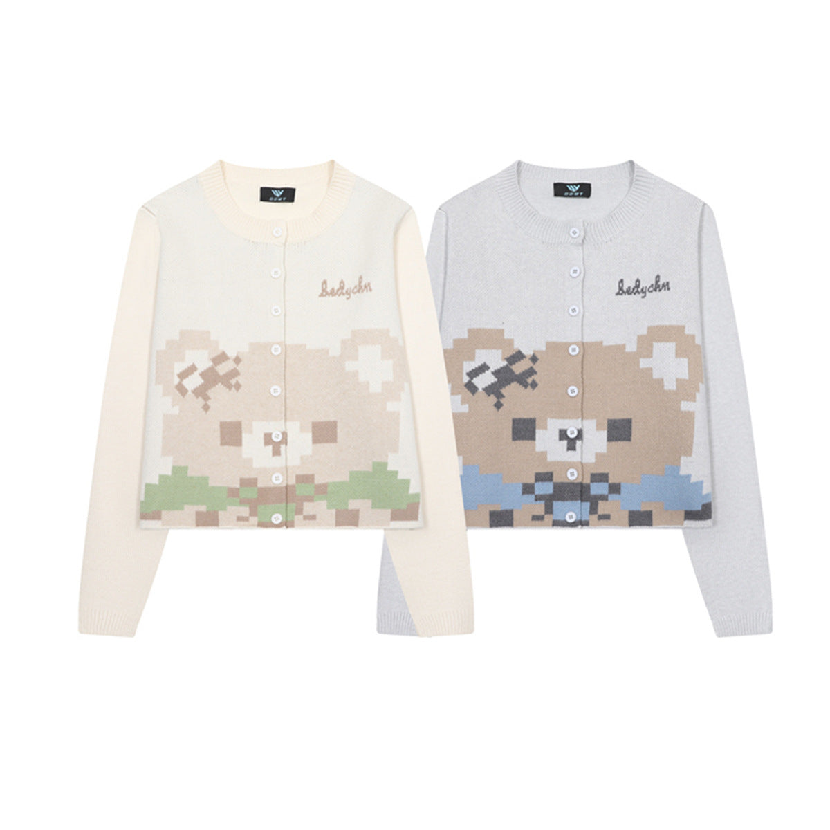 Pixel Bear Jacquard Knit Cardigan Sweater – Round Neck Button-Front