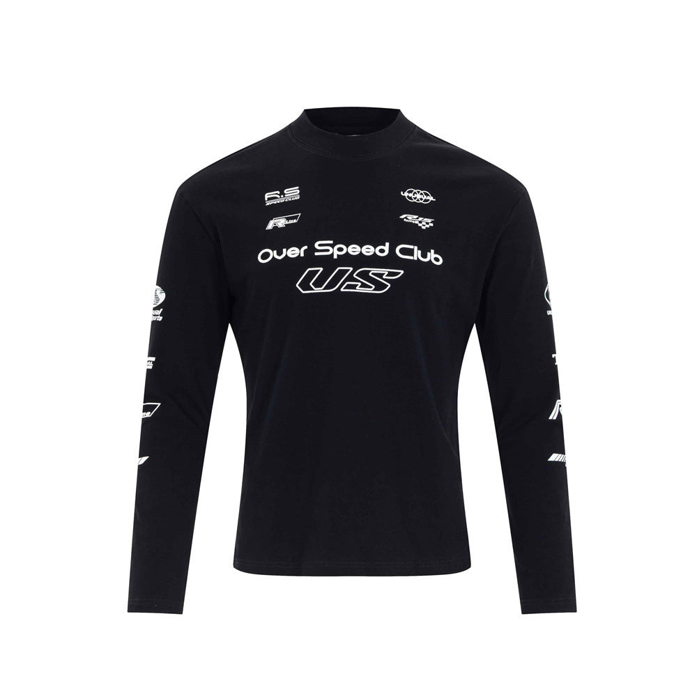 Over Speed Club US long sleeve graphic racing tee in black with mock neck and sponsor logo print on chest and sleeves