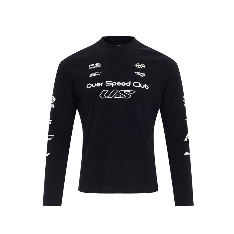 Over Speed Club US long sleeve graphic racing tee in black with mock neck and sponsor logo print on chest and sleeves