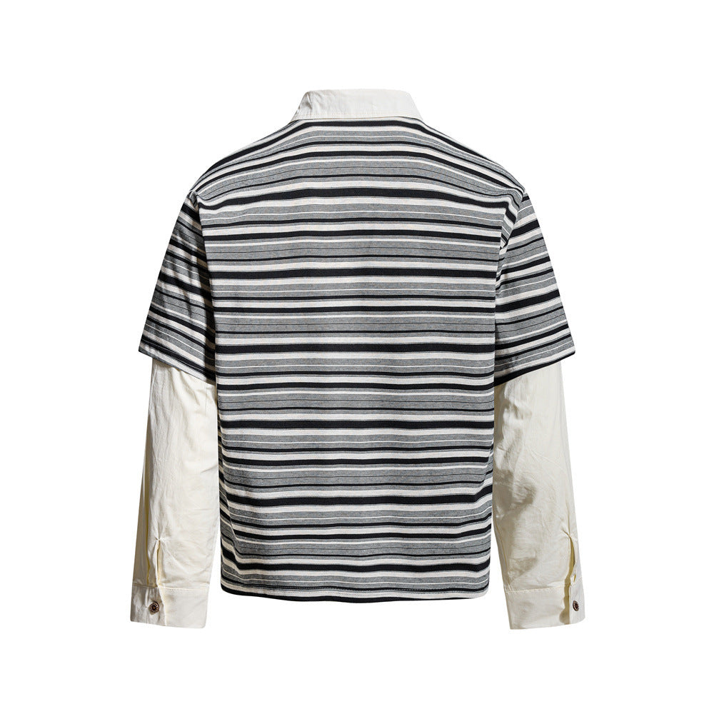 Striped Faux Two-Piece Polo Shirt – Relaxed Fit Long Sleeve with Contrast Woven