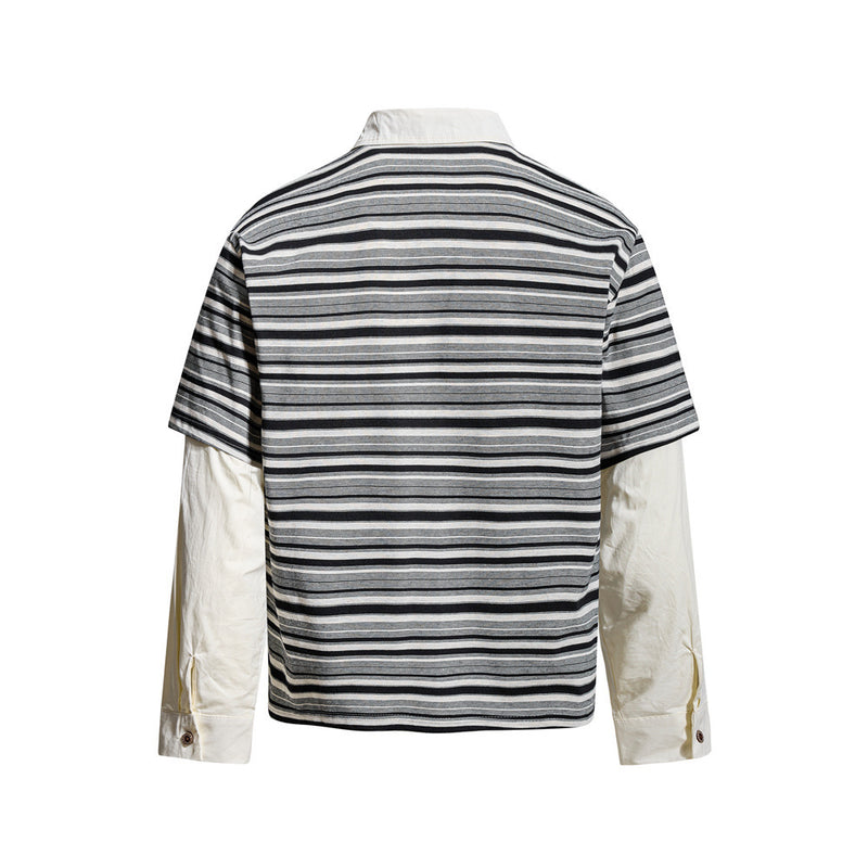 Striped Faux Two-Piece Polo Shirt – Relaxed Fit Long Sleeve with Contrast Woven