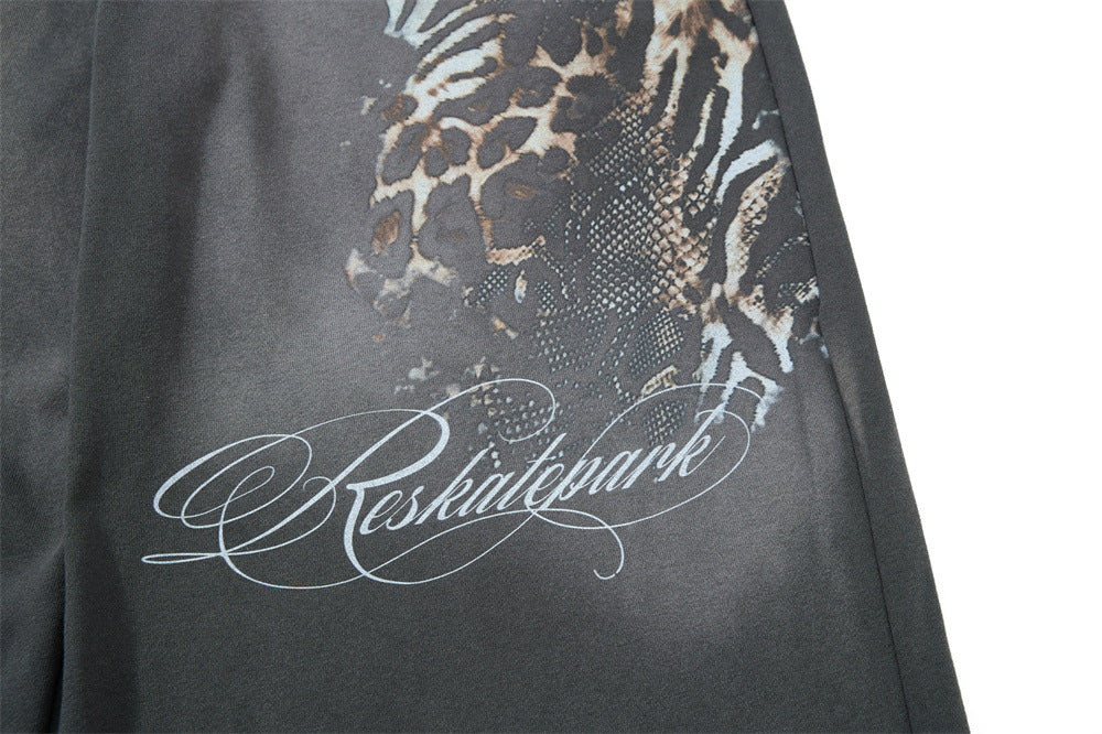 Wide Leg Sweatpants with Plaid Waistband & Animal Print Graphic