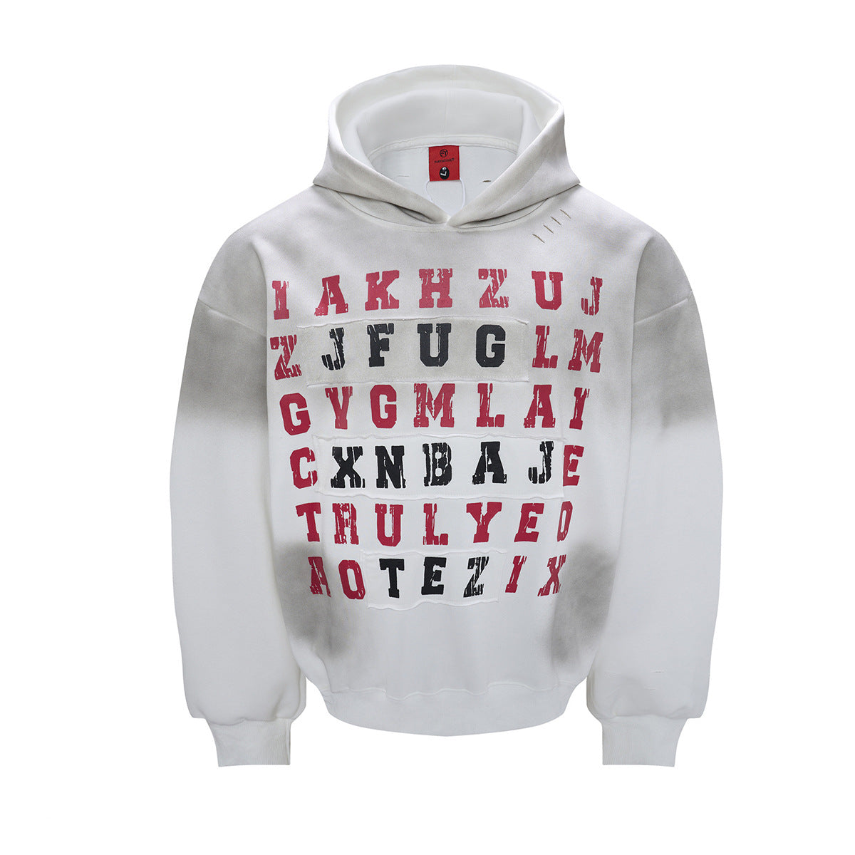 Letter Grid Oversized Hoodie – Acid-Washed Distressed Streetwear Pullover