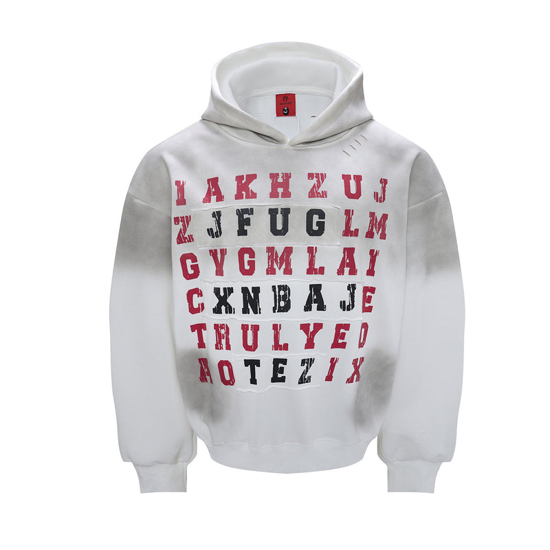 Letter Grid Oversized Hoodie – Acid-Washed Distressed Streetwear Pullover