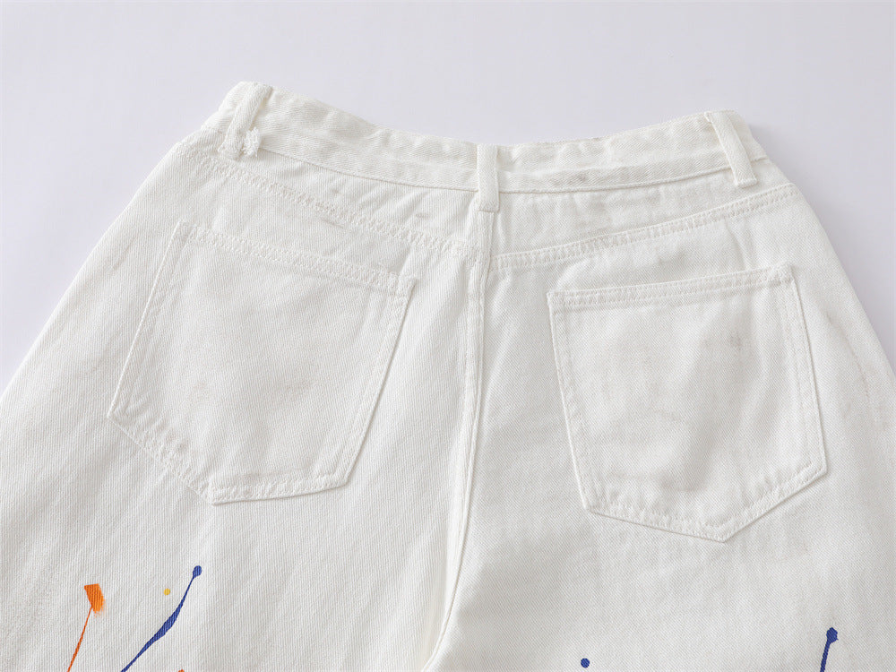Paint Splatter Denim Shorts – Wide Leg Hip-Hop Street Style
