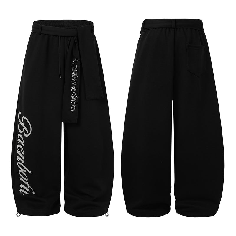 Wide-Leg Sweatpants with Belt Sash and Script Logo Print