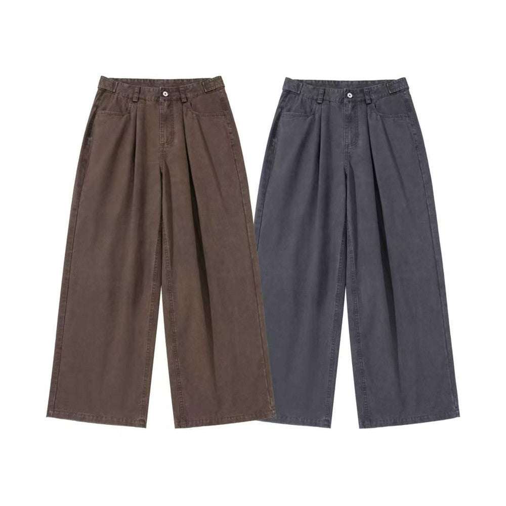 Wide-Leg Pleated Trousers – Vintage Washed Relaxed Fit Men's Pants