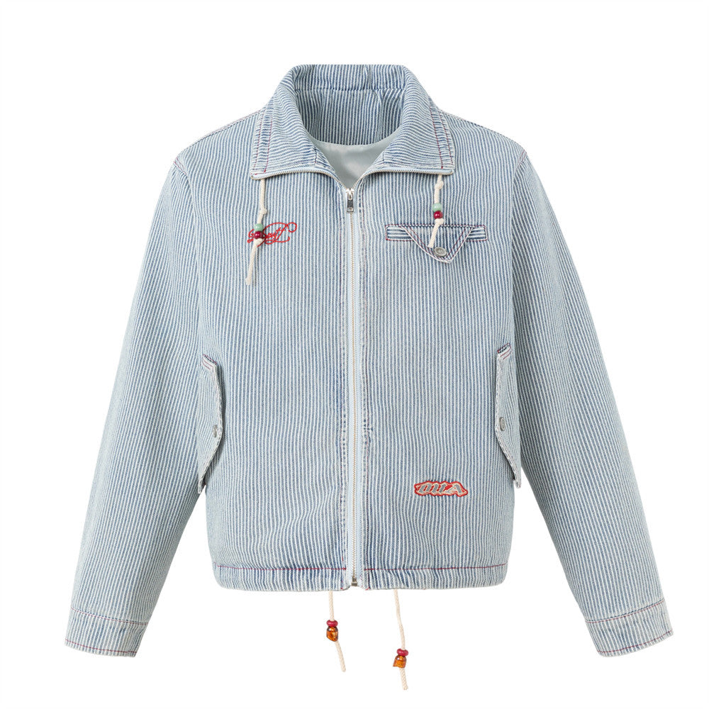 Men's light blue hickory stripe denim zip jacket with drawstring hem, stand collar, and red embroidered logos, front and back