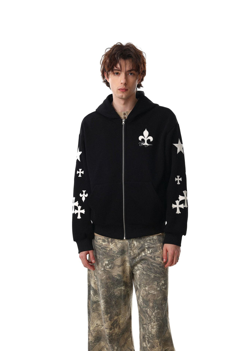 Sudadera con cremallera estampada con cruces y flor de lis – Cárdigan oversize vintage estadounidense