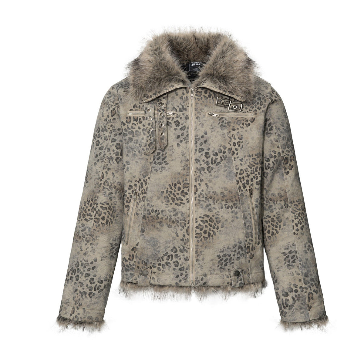 Men's Leopard Print Padded Jacket with Faux Fur Collar & Trim