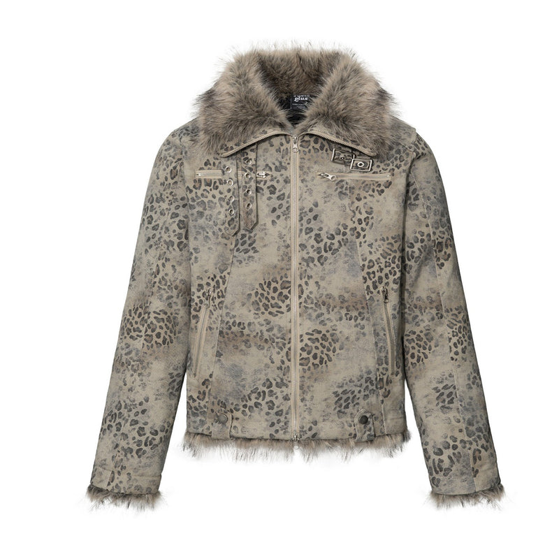 Men's Leopard Print Padded Jacket with Faux Fur Collar & Trim