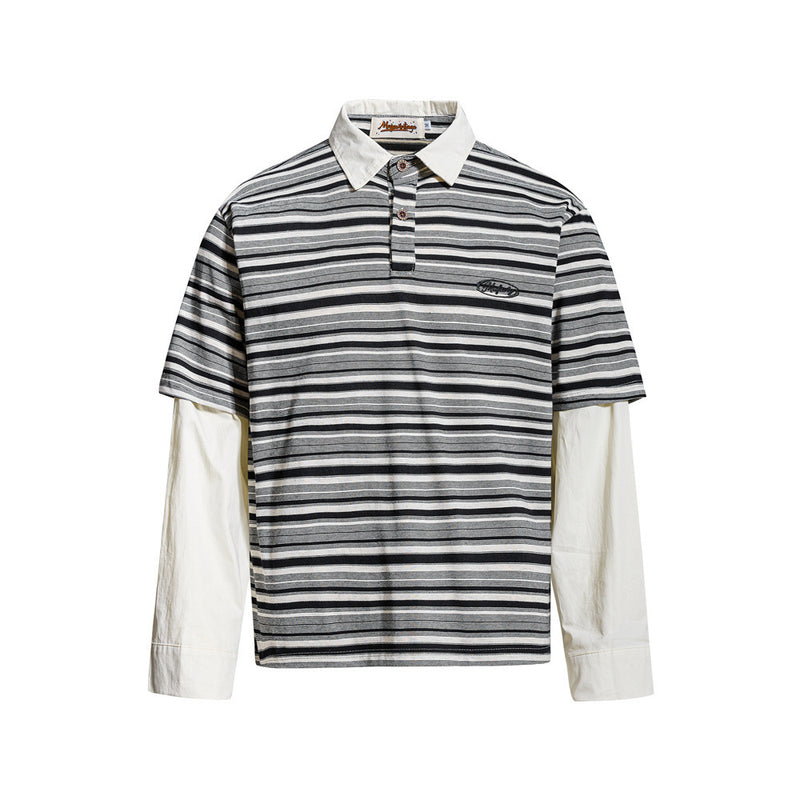 Men's relaxed-fit striped faux two-piece polo shirt with cream contrast long sleeves and embroidered chest logo