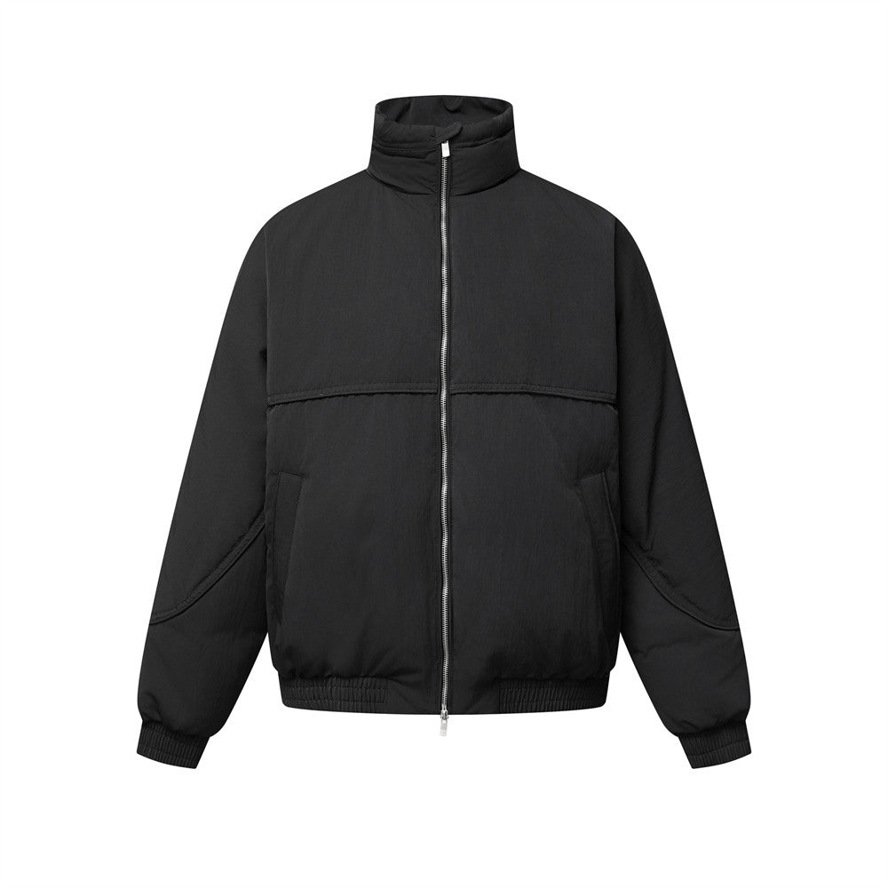 Men's oversized padded stand-collar bomber jacket with double-pull silver zipper in black, front view