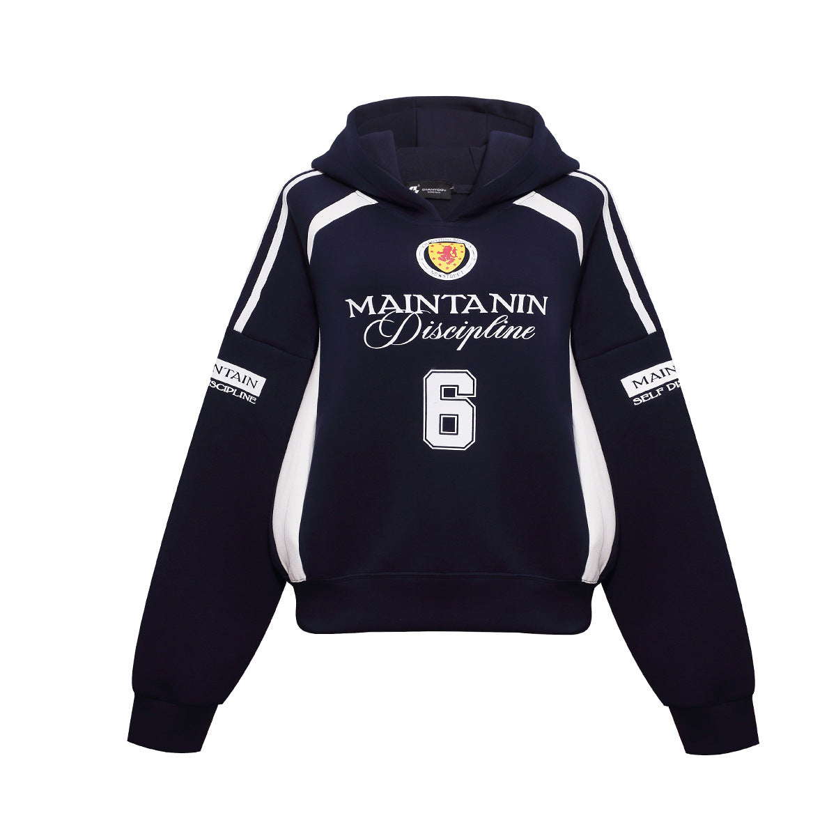Oversized colorblock varsity hoodie in navy with white contrast panels, crest badge, and Maintanin Discipline number 6 graphi