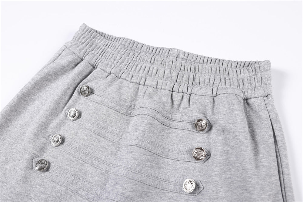 Wide-Leg Sweatpants with Double-Breasted Metal Buttons & Elastic Waist
