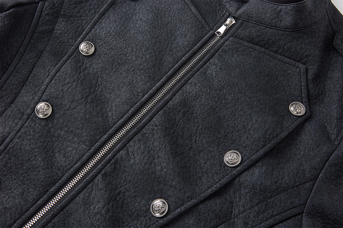 Military-Style Faux Leather Jacket with Double-Breasted Buttons & Zip Front