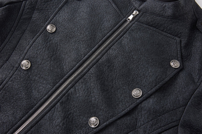Military-Style Faux Leather Jacket with Double-Breasted Buttons & Zip Front