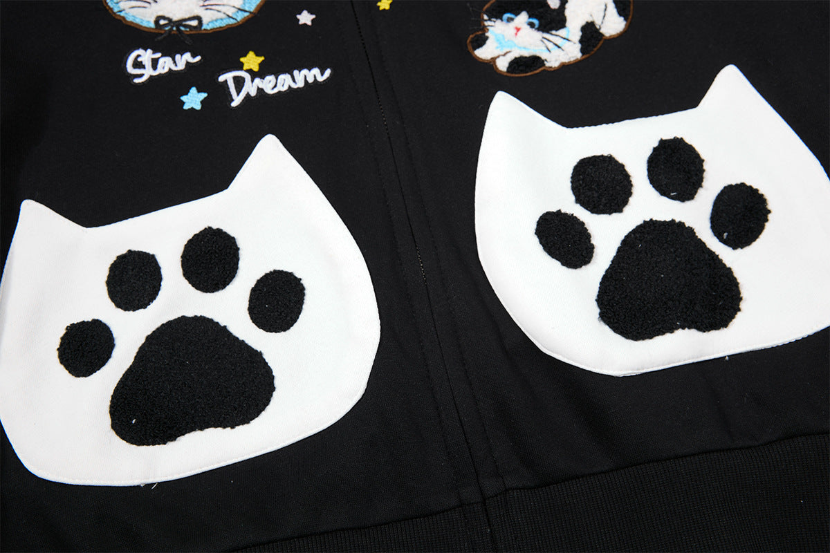 Hoodie zippé à oreilles de chat avec manches raglan étoilées et poches-pattes