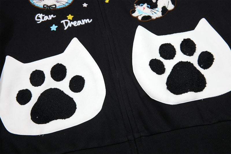 Hoodie zippé à oreilles de chat avec manches raglan étoilées et poches-pattes