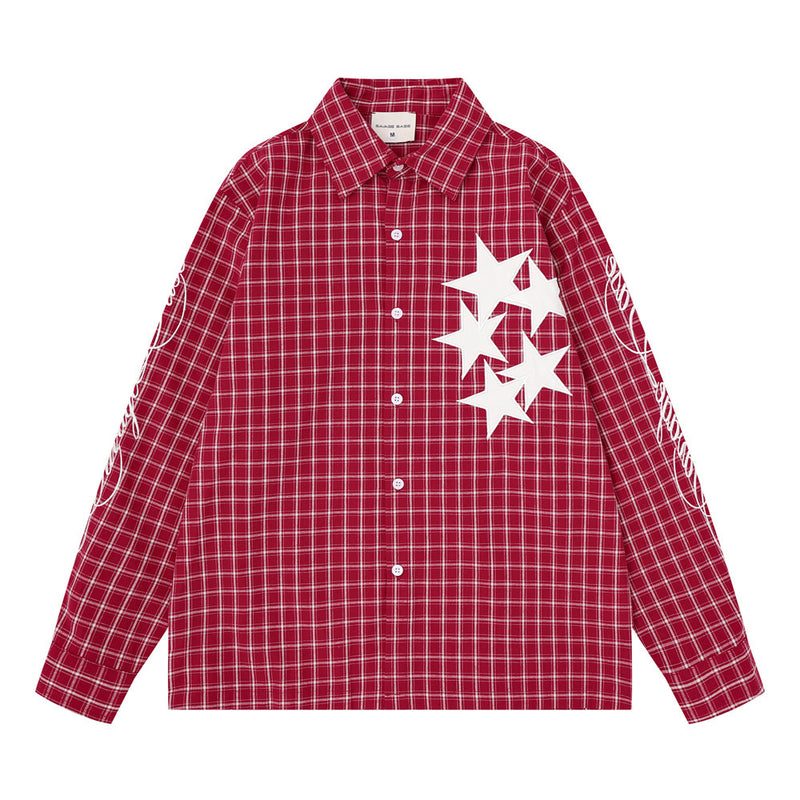 Mens Red Button Up Shirt Plaid Star Patch Long Sleeve Oversized Flannel