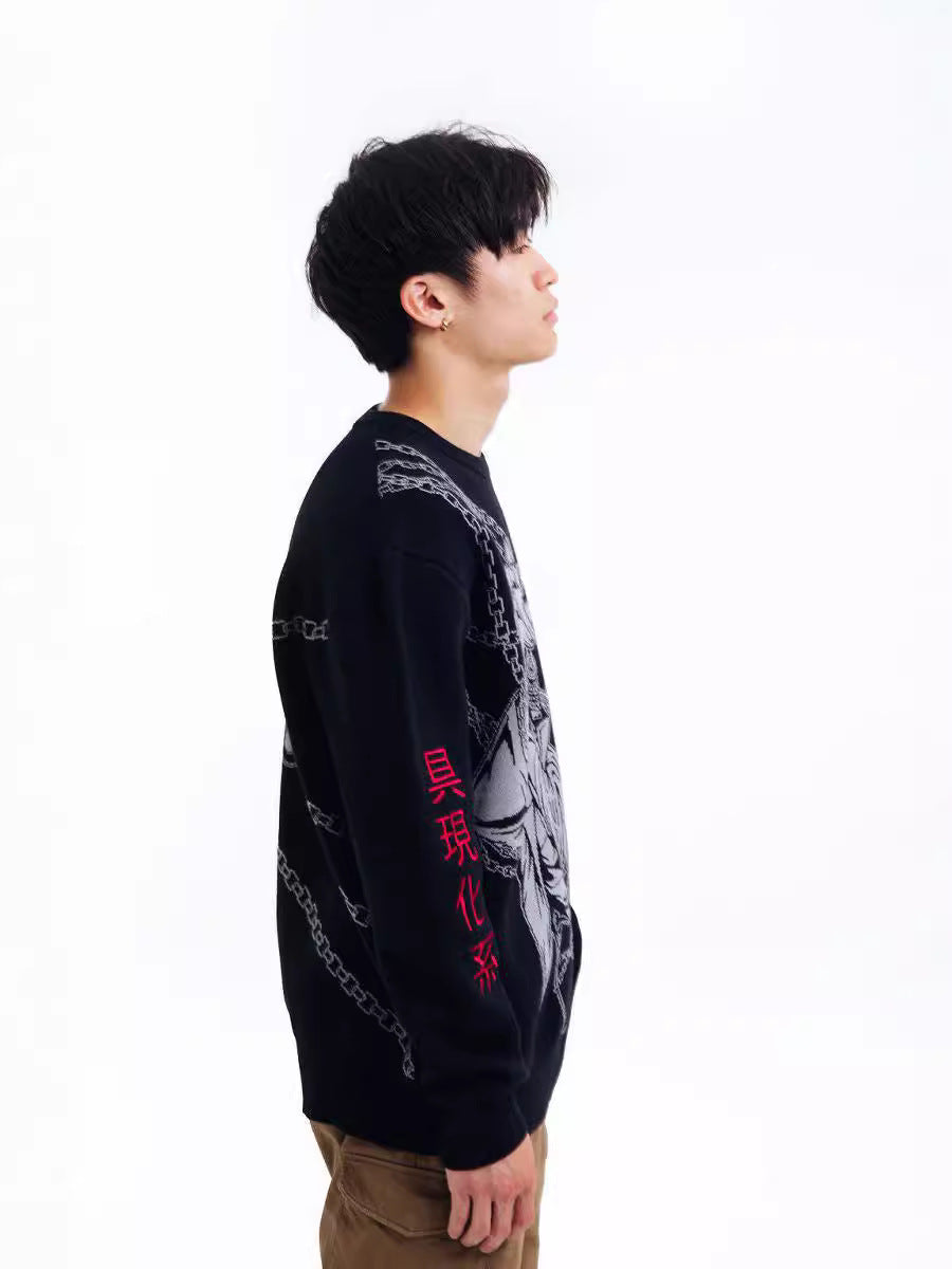 A person with short dark hair stands in profile against a white background, evoking Kurapika's determined stance. They're wearing the Premium Judgement Chain-Inspired Knit Sweater by Hunter × Hunter, featuring red text and a graphic design, paired with brown pants.
