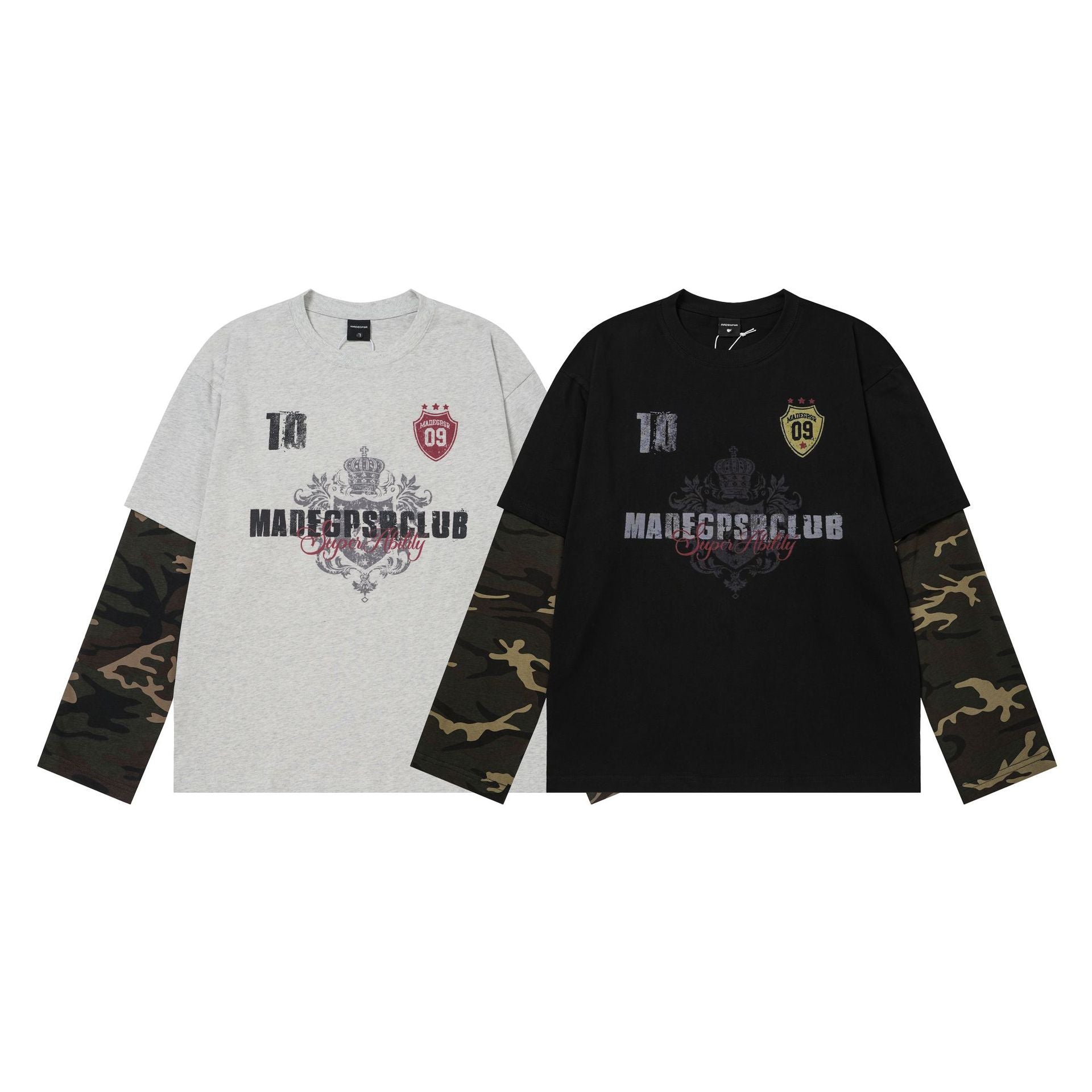 T-shirt manches longues superposé à manches camouflage – T-shirt streetwear oversize