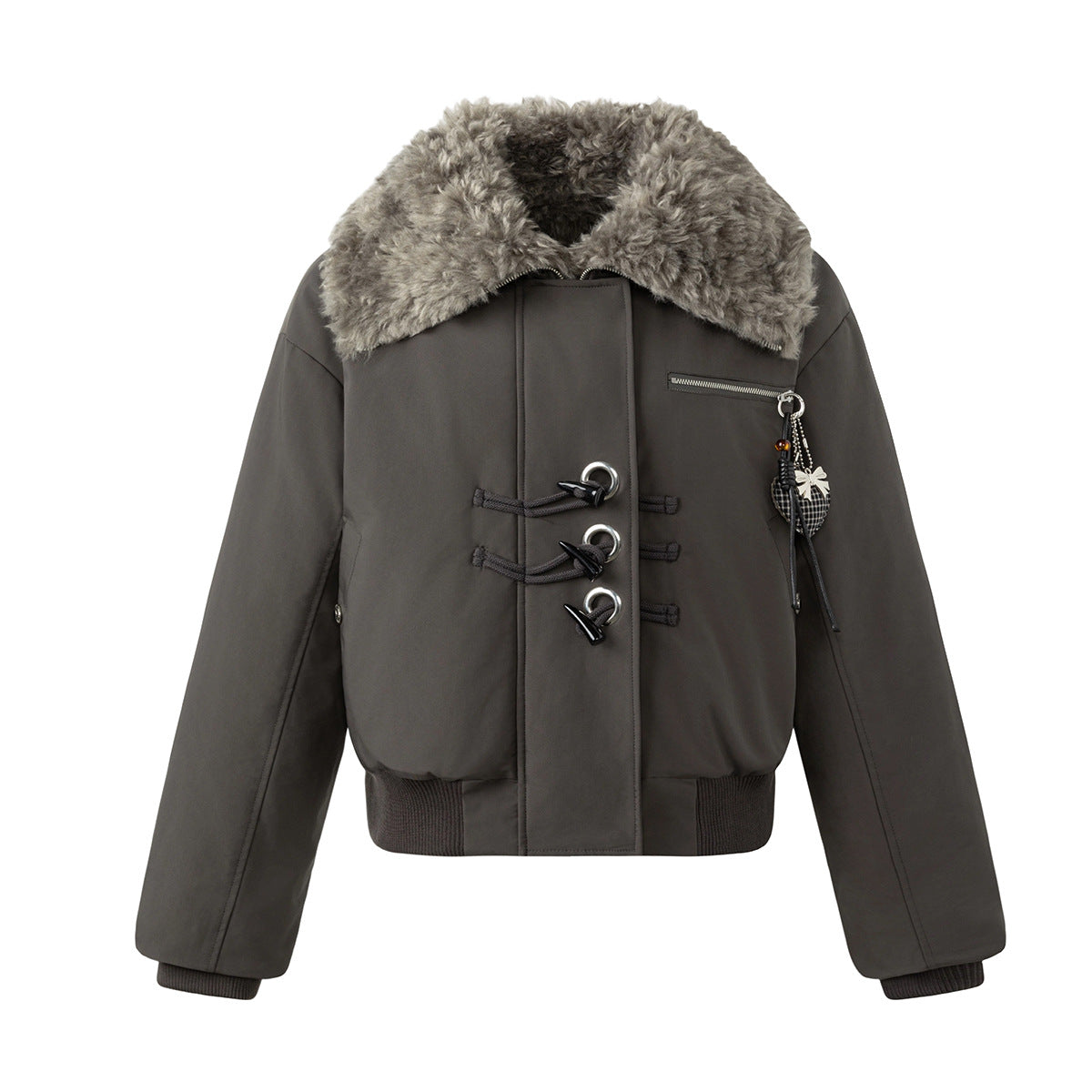 Dark grey cotton-padded bomber jacket with large faux-fur collar and horn toggle buttons, front and back view