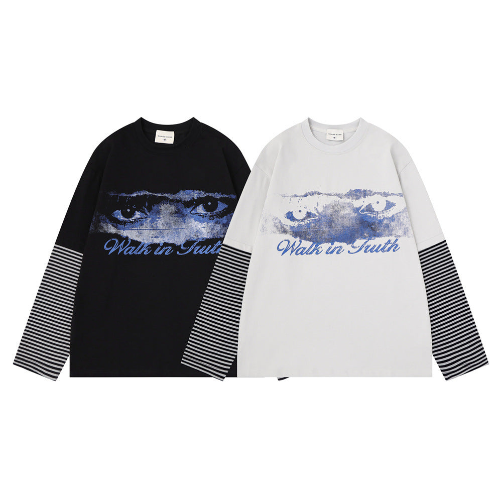 T-shirt homme à manches longues – Imprimé yeux, effet deux-en-un et manches rayées