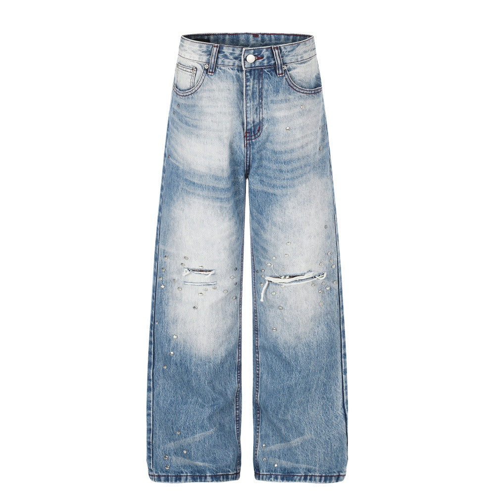 Men's gradient washed distressed wide-leg jeans with rhinestone stud embellishments and knee rips in light blue denim