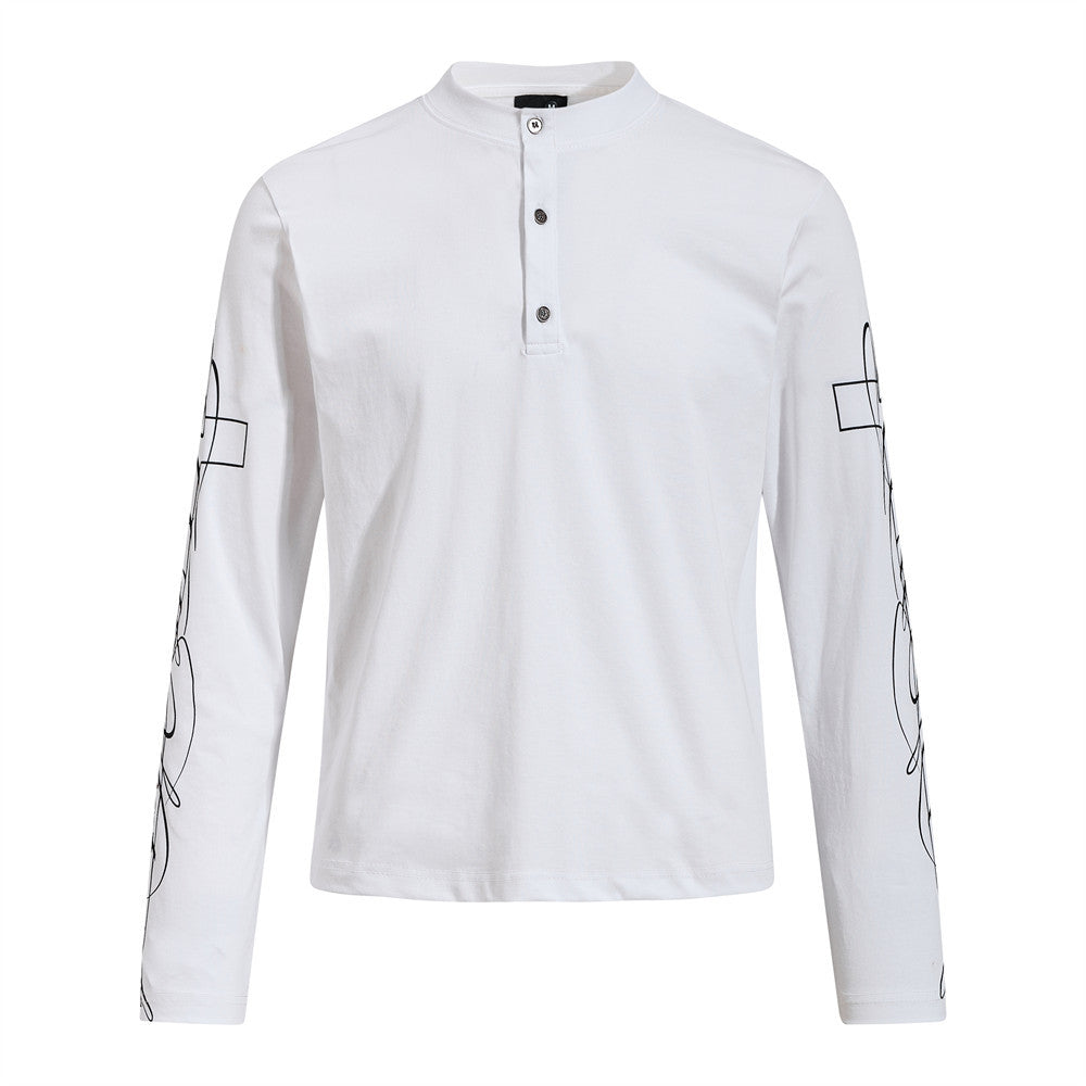 Men's Long Sleeve Henley Shirt with Cross Graffiti Sleeve Print