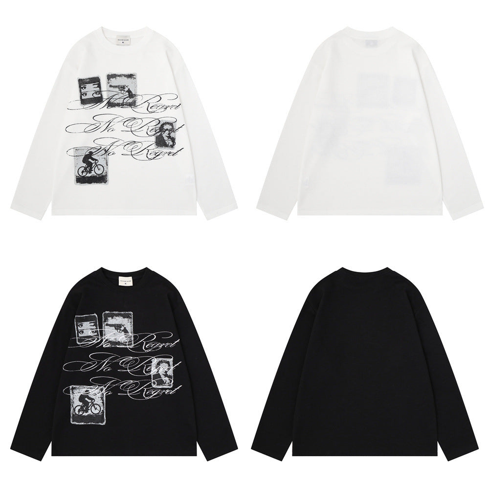 Long Sleeve Graphic Print Crew Neck Shirt – No Regret Graffiti Script, Relaxed