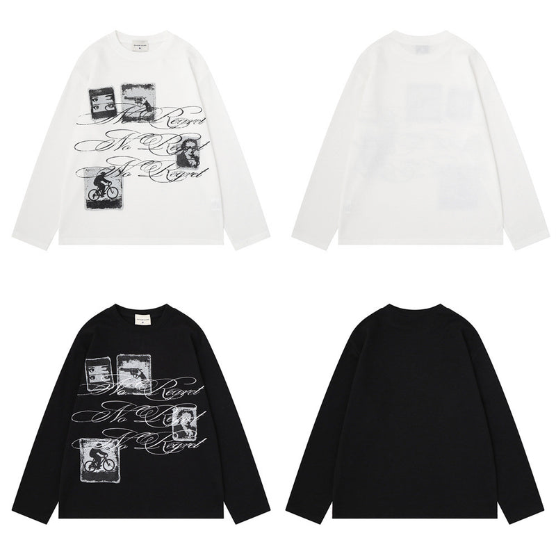 Long Sleeve Graphic Print Crew Neck Shirt – No Regret Graffiti Script, Relaxed