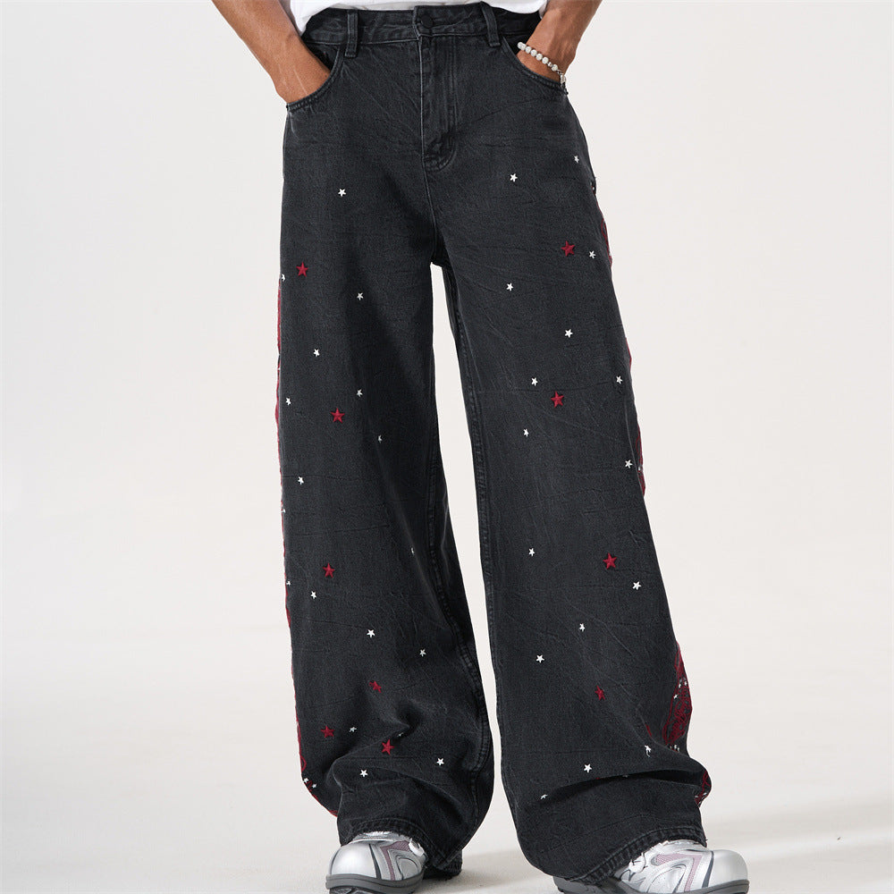 Star Embroidered Wide-Leg Jeans – Washed Black Denim with Side Floral Detail