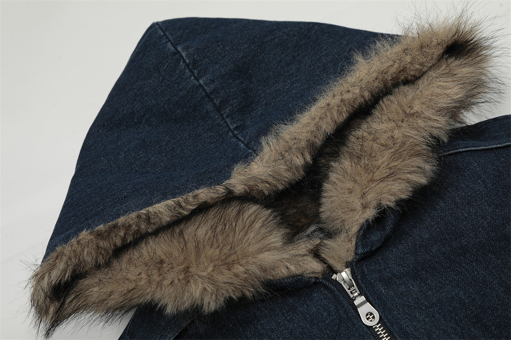Fur-Trim Hooded Denim Bomber Jacket – Padded Winter Coat
