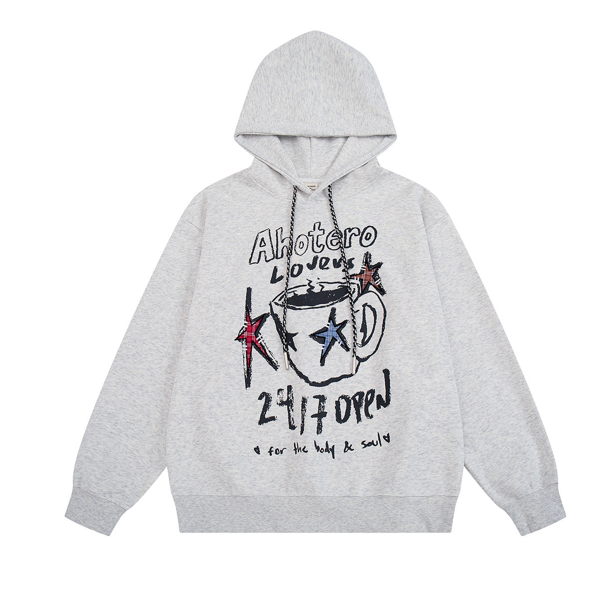 Oversized Hoodie mit Print in meliertem Grau, Kaffeetassen- und Sternenprint auf der Brust, im Retro-Streetwear-Stil