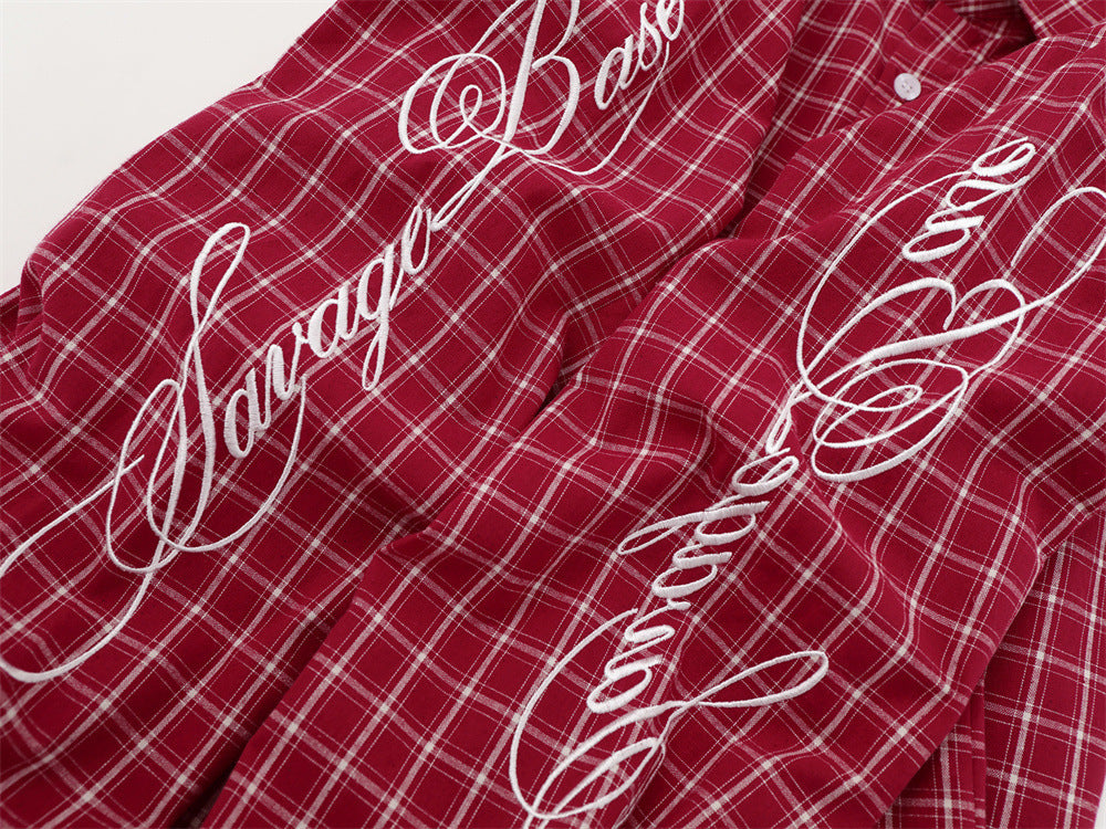 Mens Red Button Up Shirt Plaid Star Patch Long Sleeve Oversized Flannel