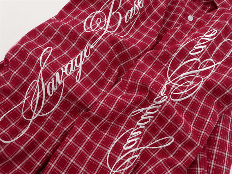 Mens Red Button Up Shirt Plaid Star Patch Long Sleeve Oversized Flannel
